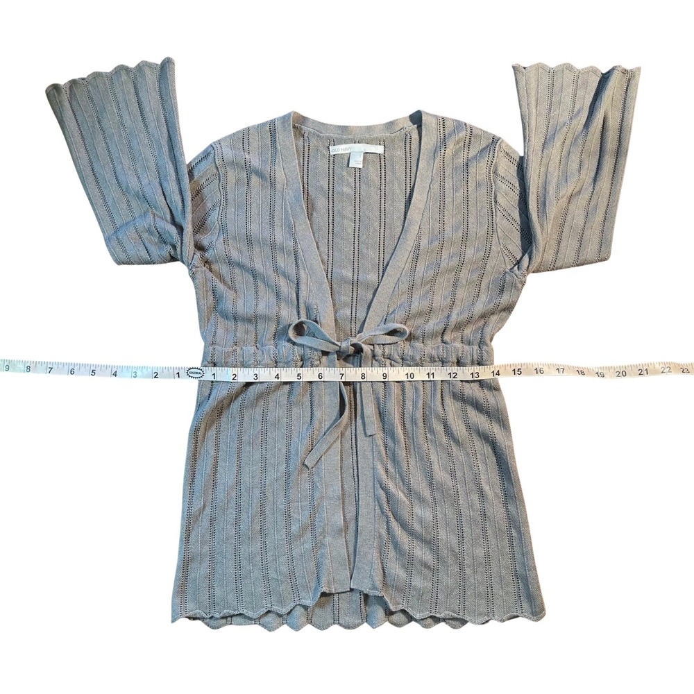 Vintage Gray Ribbed Knit Tie Waist Scalloped Hem Cardigan Sweater Small Y2K 90s - Picture 14 of 16